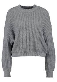 Gray knitted sweater with a ribbed texture, rounded neckline, long sleeves, and a cropped fit. Features a loose silhouette and stretchy cuffs.