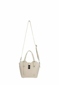 Sac à main en cuir beige avec deux poignées supérieures, bandoulière longue réglable, détail de boucle à l'avant et petit logo métallique en bas à droite.