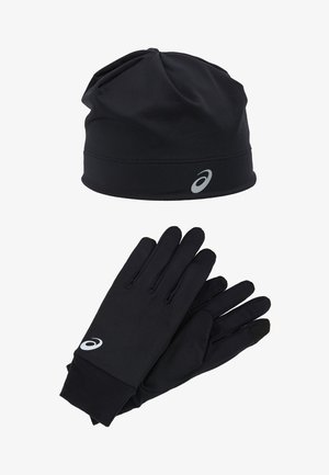 Black beanie with a rounded top and Asics logo; black gloves with fitted design and touch screen compatibility, both made from stretch material.