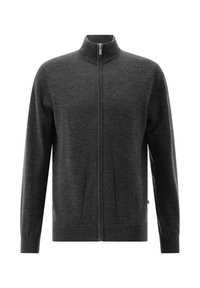 Dunkelgrauer, langärmeliger Cardigan mit einem Frontreißverschluss und hohem Kragen, aus weichem Strickstoff.