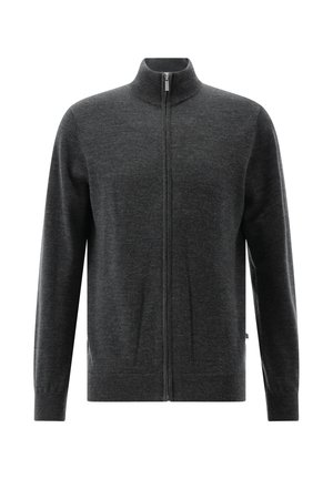 Dunkelgrauer, langärmeliger Cardigan mit einem Frontreißverschluss und hohem Kragen, aus weichem Strickstoff.