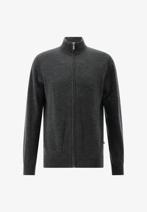 Dunkelgrauer, langärmeliger Cardigan mit einem Frontreißverschluss und hohem Kragen, aus weichem Strickstoff.