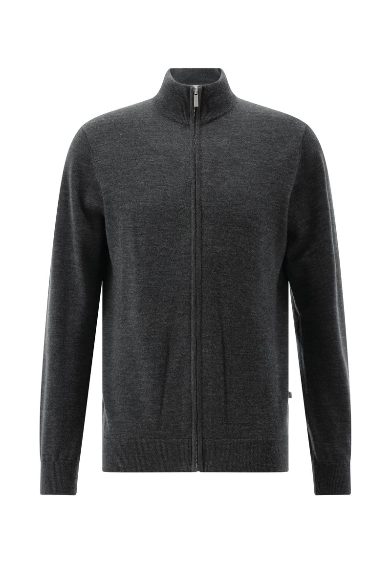 Dunkelgrauer, langärmeliger Cardigan mit einem Frontreißverschluss und hohem Kragen, aus weichem Strickstoff.