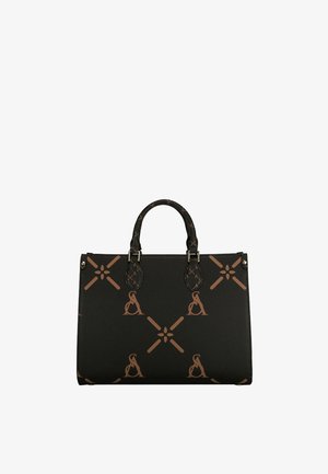 Borsa rettangolare nera con due manici superiori, decorata con motivi geometrici marroni e lettere "A".
