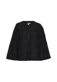 Blusa nera con scollatura a V e maniche a campana lunghe, decorata con ricami floreali, una pattina dei bottoni e una vestibilità comoda. Tessuto morbido.