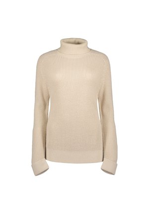 Maglione a collo alto in crema realizzato in tessuto a coste. Presenta maniche lunghe e polsini arrotolati, con una vestibilità rilassata e una finitura testurizzata.