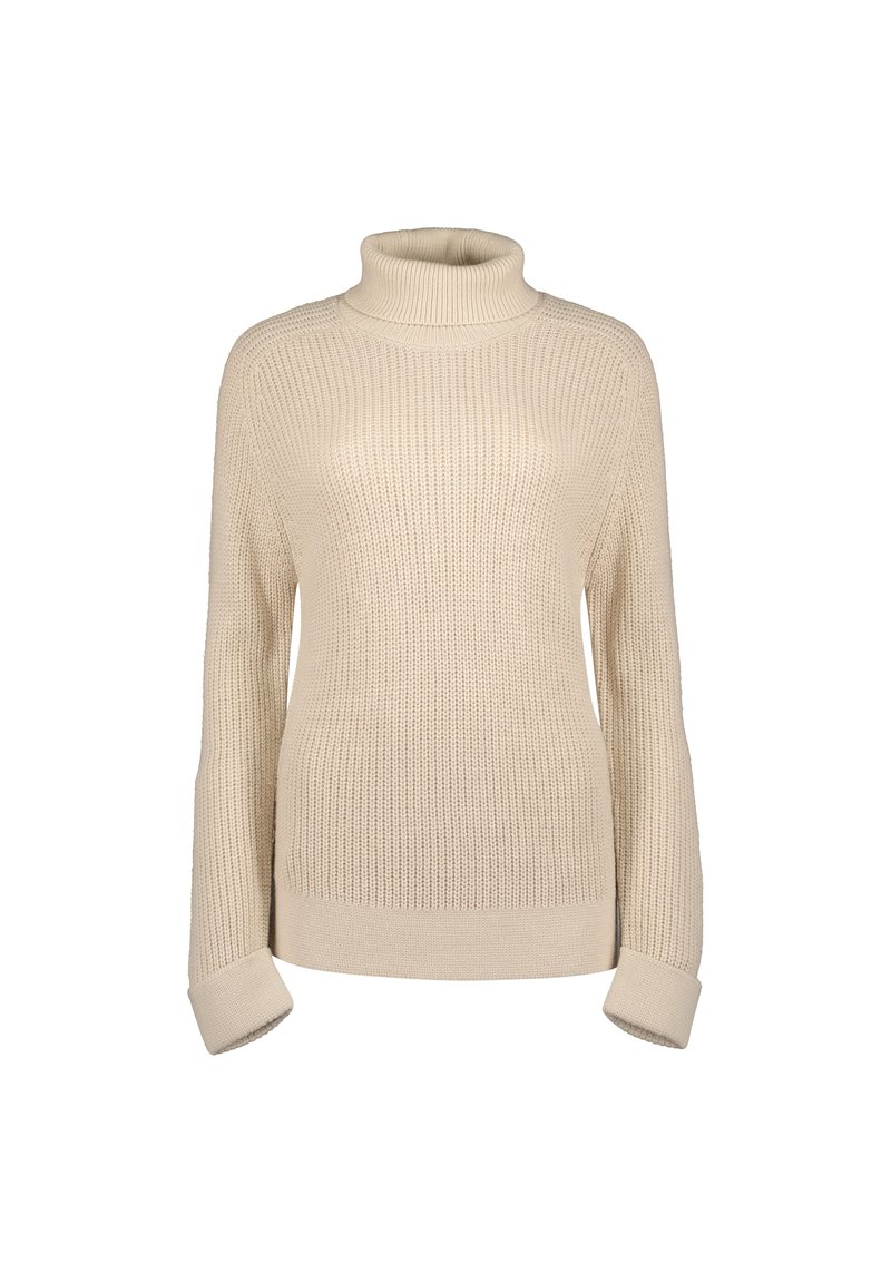 Cremfarbener Rollkragenpullover aus geripptem Strickstoff. Er verfügt über lange Ärmel und umgeschlagene Bündchen, hat einen lässigen Schnitt und eine strukturierte Optik.