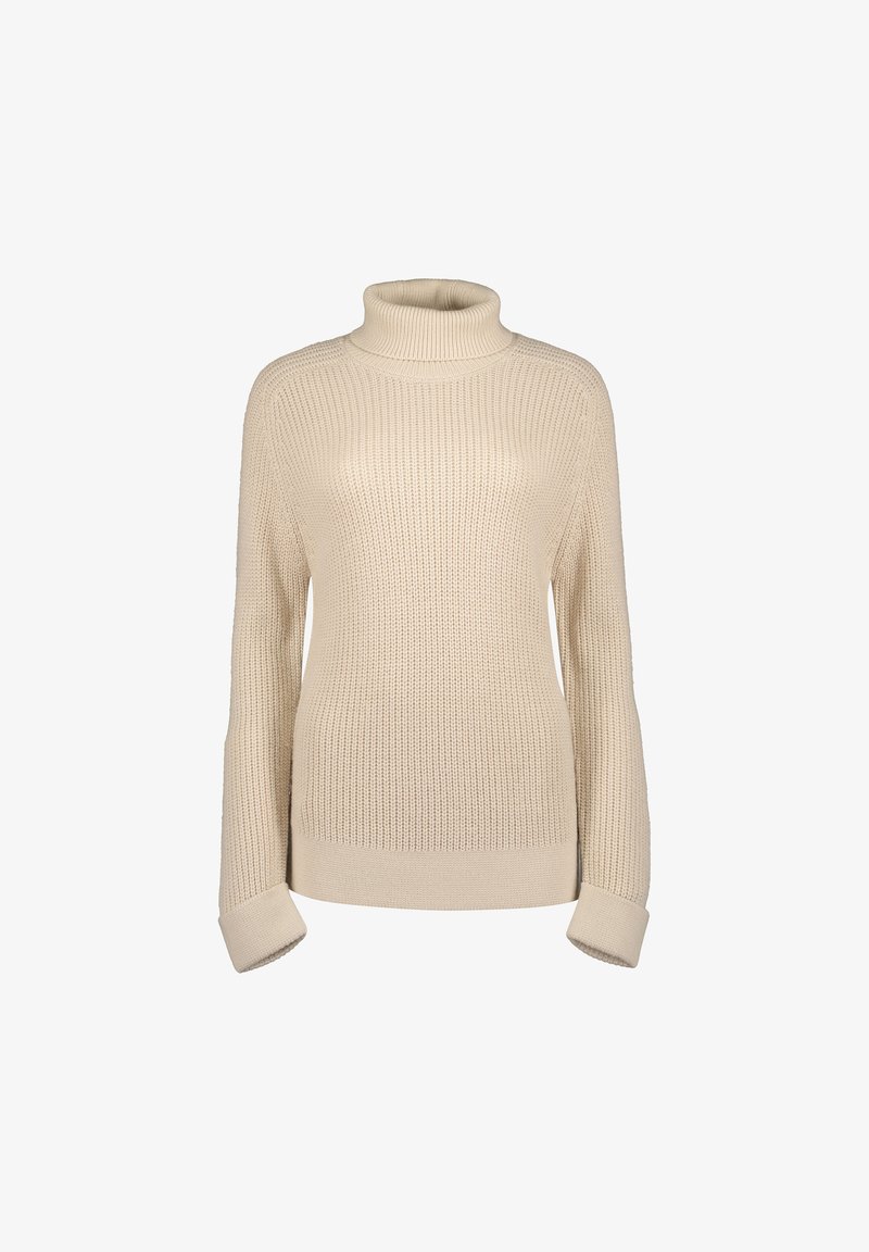 Cremfarbener Rollkragenpullover aus geripptem Strickstoff. Er verfügt über lange Ärmel und umgeschlagene Bündchen, hat einen lässigen Schnitt und eine strukturierte Optik.