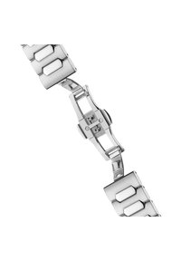 Metal watch bracelet with interlocking links. Features a polished and brushed finish, silver color, and a secure clasp mechanism.