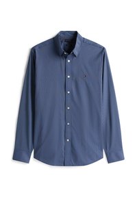 Lange mouw knoopsluiting overhemd in blauw micro-ruitpatroon met kraag, witte knopen en klein logo op de linker borstzak.