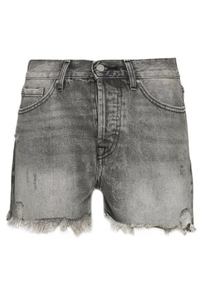 High-waisted gray denim shorts with a faded finish, frayed hem, and subtle whiskering, featuring two front pockets and a button closure.