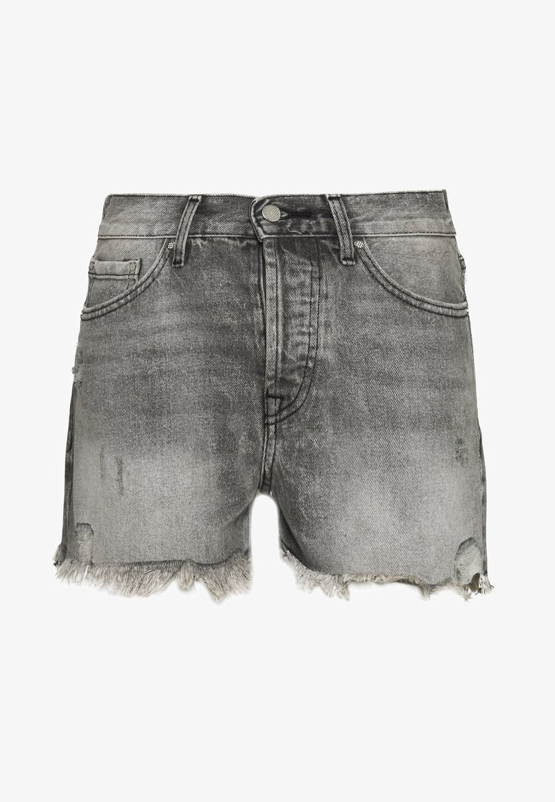 High-waisted gray denim shorts with a faded finish, frayed hem, and subtle whiskering, featuring two front pockets and a button closure.