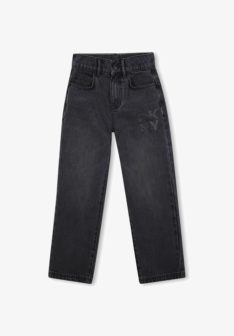 Vaqueros de mezclilla negra con corte recto, cinco bolsillos y un sutil logo de DKNY estampado en el bolsillo delantero.