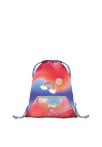 Zaino a tracolla con cordoncino in tessuto sfumato rosso e blu. Presenta grafiche di arcobaleno, nuvole e sole. Include una tasca con cerniera di colore azzurro chiaro.