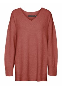 Sweter z dekoltem w serek, w oversize'owym fasonie w kolorze przybrudzonego różu. Wykonany z fakturowanej dzianiny, z długimi rękawami i bocznymi rozcięciami u dołu.