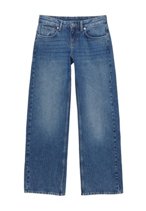 Jeans in denim blu a gamba larga con chiusura a bottone, tasche frontali e posteriori e passanti per cintura.