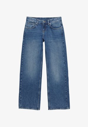 Blauwe denim broek met wijde pijpen, knoopsluiting, voor- en achterzakken, en lussen voor een riem.