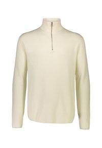 Cremefarvet ribstrikket sweater med høj krave og halv lynlås. Lange ærmer, glat tekstur, minimalistisk design.