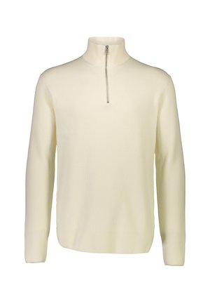 Suéter de punto acanalado color crema con cuello alto y cierre de media cremallera. Mangas largas, textura suave, diseño minimalista.