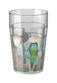 Transparenter Plastikbecher mit bunten Tierillustrationen, darunter ein Bär, eine Eule und weitere Formen, mit Glitzerakzenten und zylindrischer Form.
