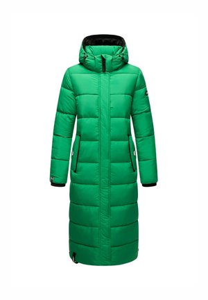 Green puffer coat with a hood, featuring a long, straight design, quilted texture, two side pockets, and black accents on the zippers and cuffs.