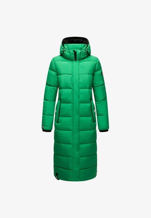 Zielona puchowa kurtka z kapturem, o długim, prostym kroju, pikowanym wzorze, z dwiema bocznymi kieszeniami oraz czarnymi akcentami na suwakach i mankietach.