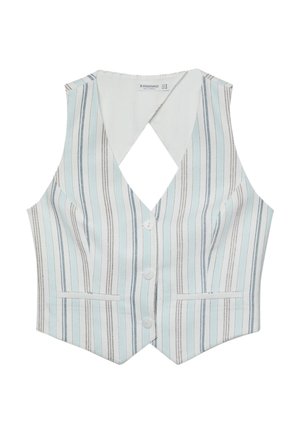 Sleeveless buttoned vest with vertical stripes in light blue, white, and beige, featuring two front pockets and a V-shaped neckline.