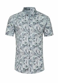 Kurzärmliges Hemd mit Knöpfen, das ein hellgraues und grünes Blumenmuster zeigt, aus leichtem Stoff mit glatter Textur gefertigt.