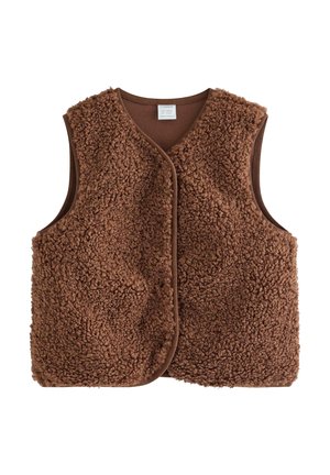 Brun ærmeløs vest lavet af blødt, krøllet tekstureret fleece-stof med rund halsudskæring og foran åbning.