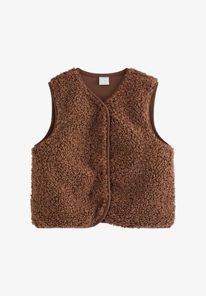 Brun ærmeløs vest lavet af blødt, krøllet tekstureret fleece-stof med rund halsudskæring og foran åbning.