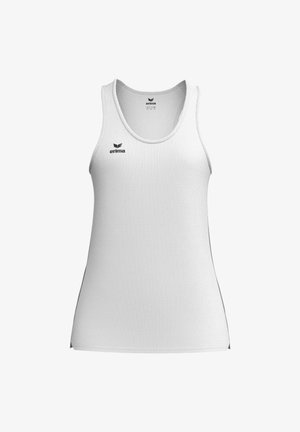 Weißes ärmelloses Sporttanktop mit Erima-Logo auf der linken Brust und am inneren Halsausschnitt, Netzstoff, Rundhalsausschnitt.