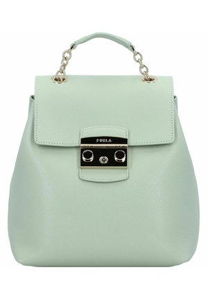 Lichtgroene leren handtas met een bovenhandvat en zilveren gesp gegraveerd met de merknaam Furla op de voorflap.