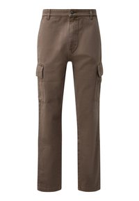 Bruine cargo shorts gemaakt van duurzaam materiaal, met twee zijzakken, rechte pijpen en een knoopsluiting bij de taille.
