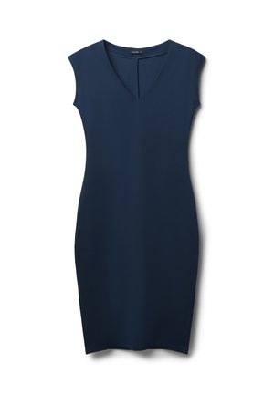 Navyblaues ärmelloses Kleid mit V-Ausschnitt, taillierter Silhouette und glatter Textur. Verfügt über einen Schlitz im Rücken für mehr Bewegungsfreiheit.