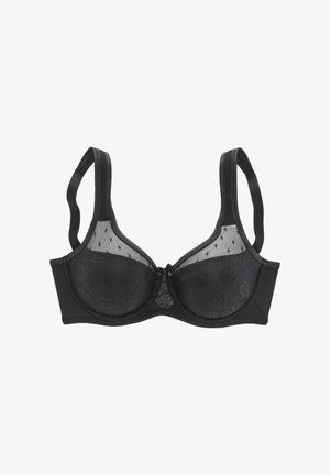 Must rinnahoidja läbipaistvate võrktahvlitega, lillelise pitsmustriga, traaditoega, reguleeritavate rihmade ja väikese keskse paelaga detailiga.