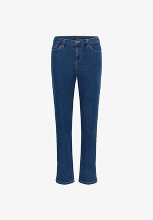 Niebieskie jeansy denim o prostych nogawkach, z kieszeniami z przodu i z tyłu, szlufkami na pasek oraz zapięciem na guzik w pasie.