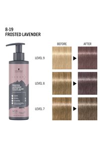 Schwarzkopf Frosted Lavender Color Mask in einer Pumpflasche. Zeigt Haarfarbenergebnisse auf den Stufen 7, 8 und 9 vor und nach der Anwendung.