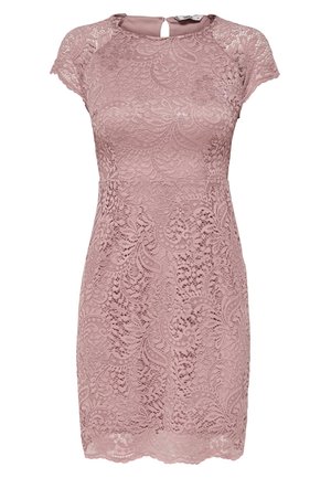 Kurzes pinkfarbenes Spitzenkleid mit Kapuzenärmeln, figurbetonter Silhouette und Blumenmuster.