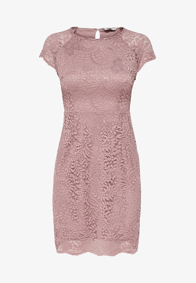 Robe courte en dentelle rose avec manches gigot, silhouette ajustée et motif floral.