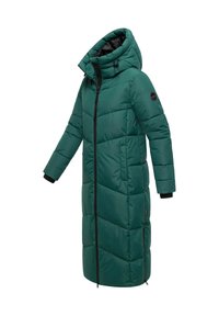 Long green quilted winter coat with hood, full front zipper, side pockets, and black inner cuffs, designed for cold weather.