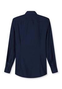 Navy blue long-sleeve dress shirt shown from the back with buttoned cuffs and a classic collar on a white background.