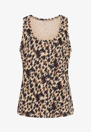 Mouwloos tanktop met bruin, zwart en beige luipaardprintpatroon en een ronde hals.