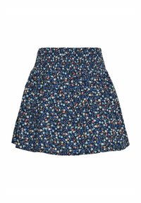 Falda floral con fondo azul marino, con pequeñas flores azules, rojas y blancas. Cintura elástica, diseño plisado, tejido ligero.