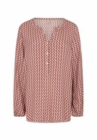 Langærmet bluse i lyserødt stof med et geometrisk print i mørkerødt og sort, med en knaplukning og løs pasform.
