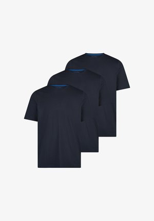 Trzy gładkie, ciemnoniebieskie koszulki z krótkim rękawem i okrągłym dekoltem, ułożone w stos, bez widocznych logo ani wzorów, na białym tle.