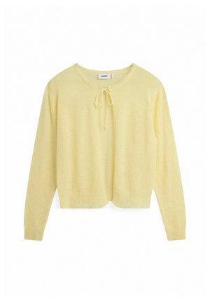 Kollane kampsun, mis on valmistatud pehmest kangast, millel on pikad varrukad, ümmargune kaelus ja ees lipsu detail. Lühendatud hem.