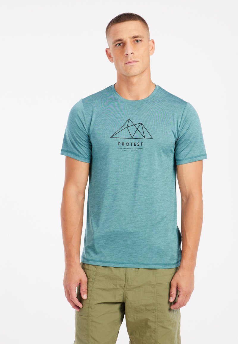 Teal T-shirt met korte mouwen en een ronde hals, met een zwart bergen grafiek en tekst in het midden. Gemaakt van een textuurstof.