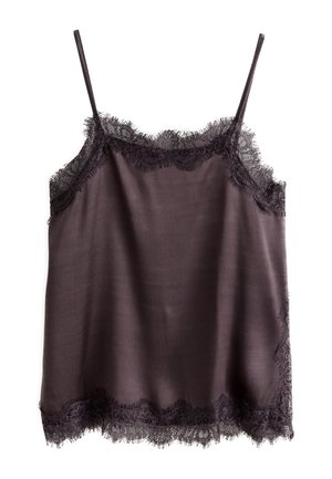 Mørkelilla satin top med tynde stropper og delikat blondekant langs halsudskæring, sider og kant.