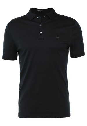Black polo shirt made of smooth cotton fabric, featuring a three-button placket, short sleeves, and a small logo on the chest.