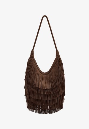 Brązowa zamszowa torba na ramię z warstwowym wykończeniem frędzli i plecionym paskiem.